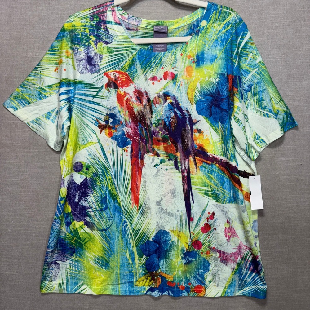 Laura Scott Sublimation Tee Womens 1X Rhinestone Parrot Tropical
